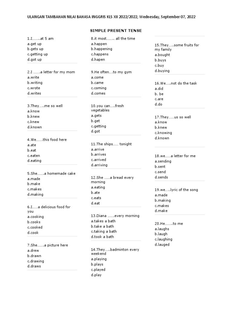 Kumpulan soal simple present tense pilihan ganda pdf
