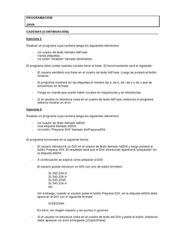 Programación Java Cadenas (Continuación) Ejercicio 1 | PDF | Plural ...