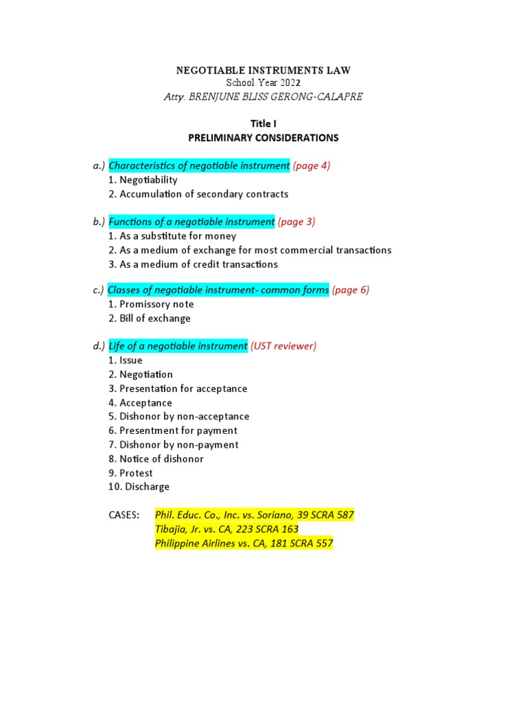 Negotiable Instruments Law An InDepth Review of Key Concepts, Cases