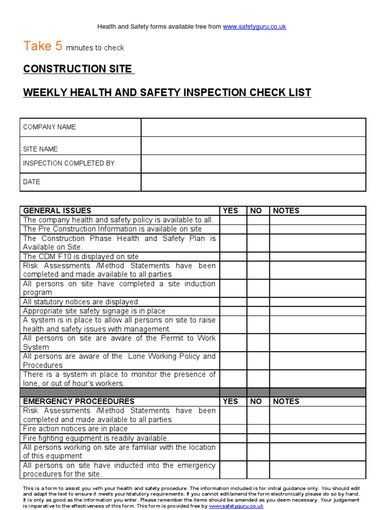 Weekly Construction Safety Checklist | PDF | Scaffolding | Occupational ...