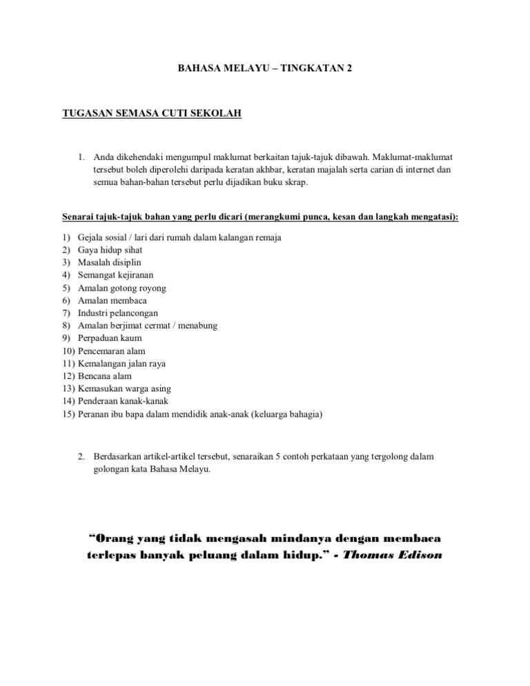 Bahasa Melayu Tugasan Semasa Cuti Sekolah Pdf