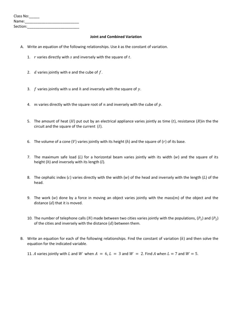 Worksheet on Joint and Combined Variation