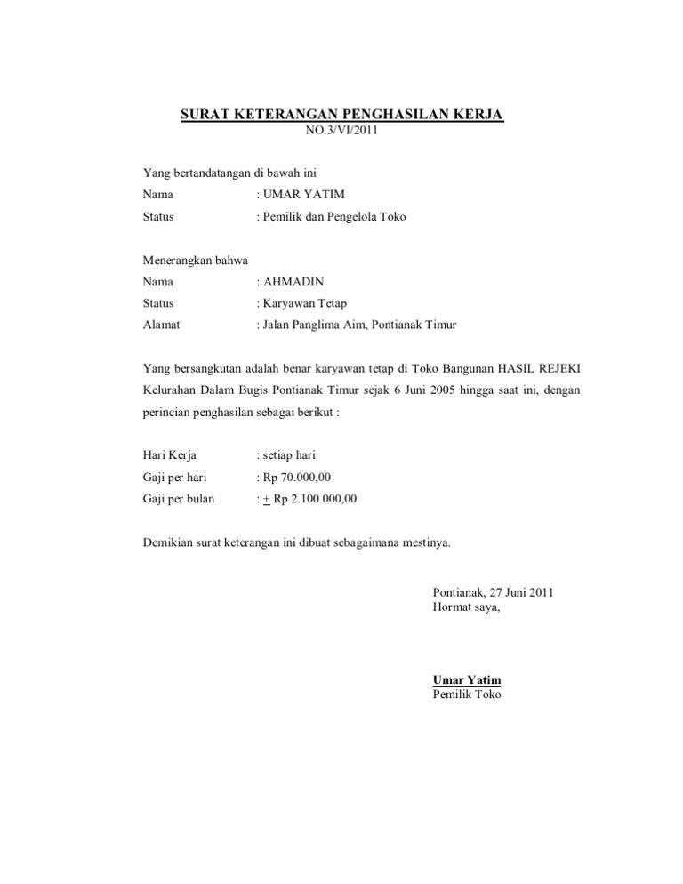 Surat Keterangan Penghasilan Dari Kelurahan