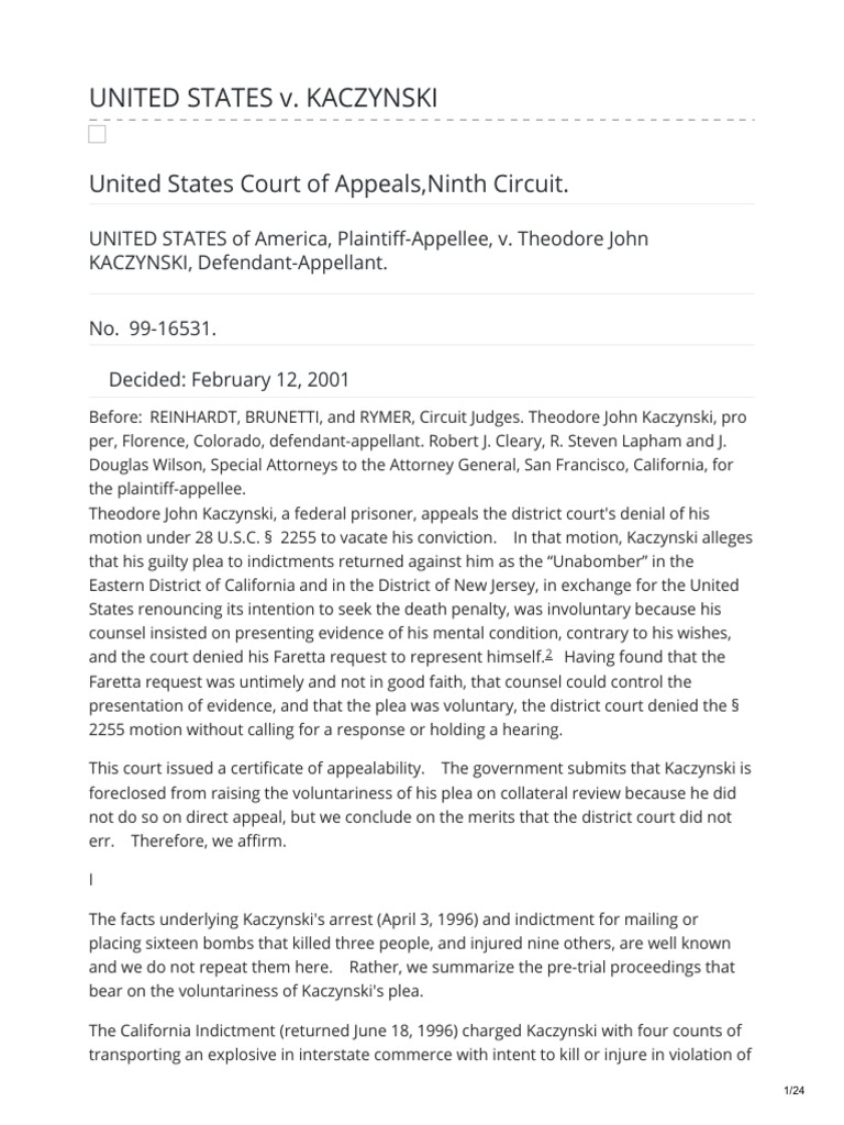 Theodore Kacyznski 9thcircuit Appeal PDF Plea Plea Bargain