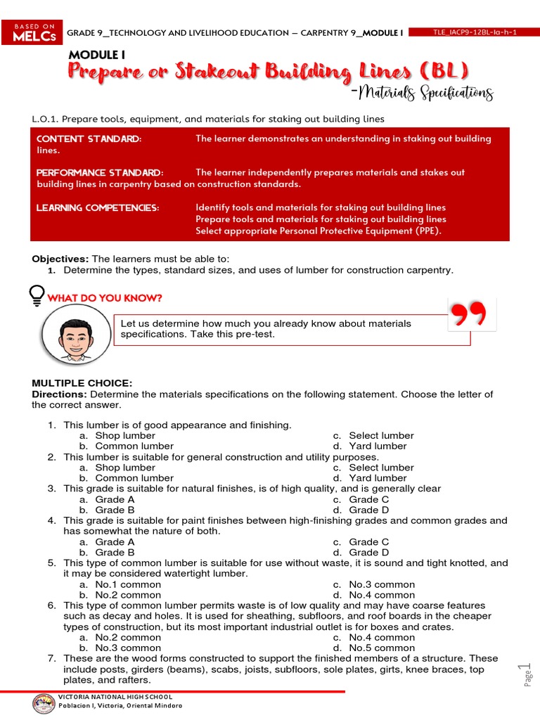 Lesson 2 materials specification with work sheets activities