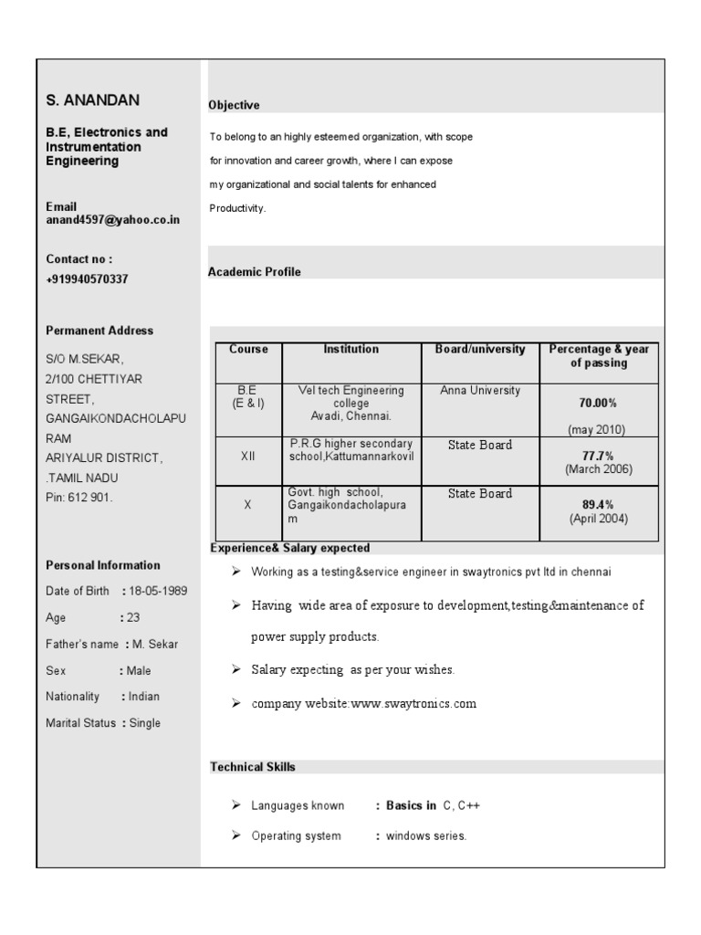 S. Anandan: B.E, Electronics and Instrumentation Engineering | PDF ...