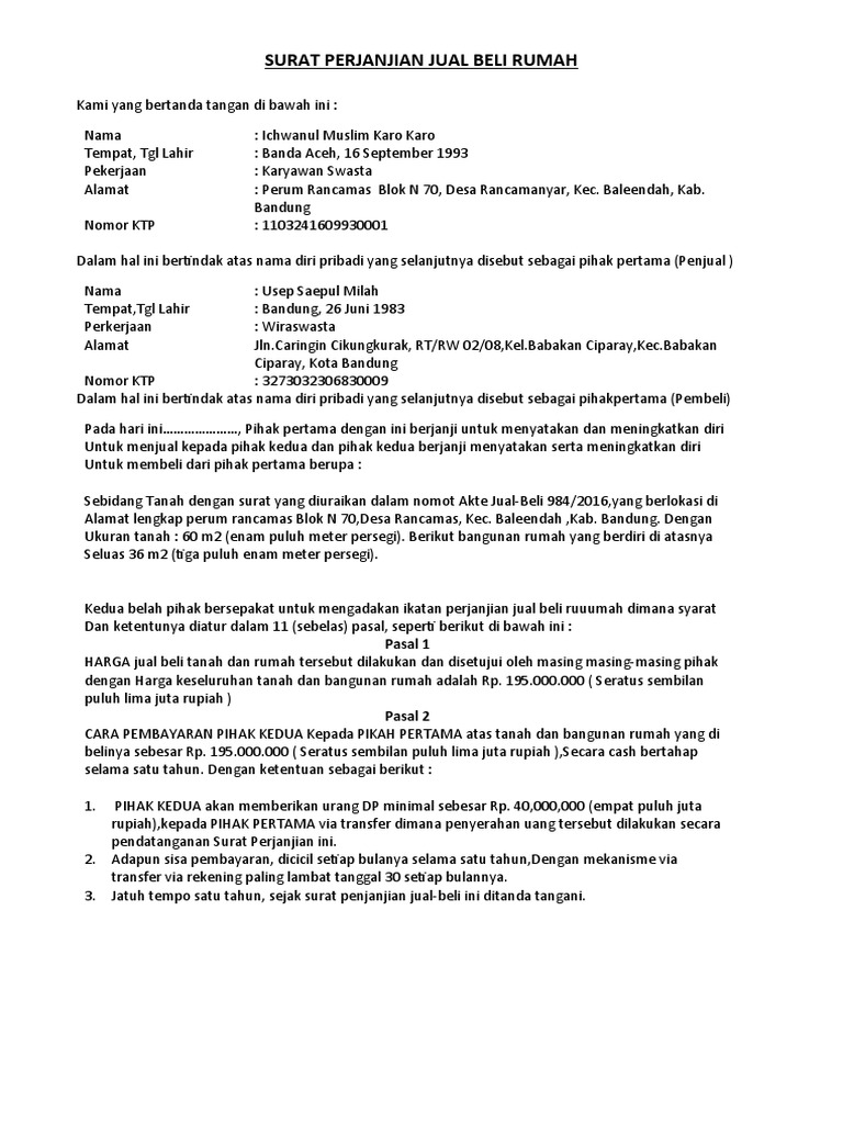 Surat Perjanjian Jual Beli Rumah | PDF