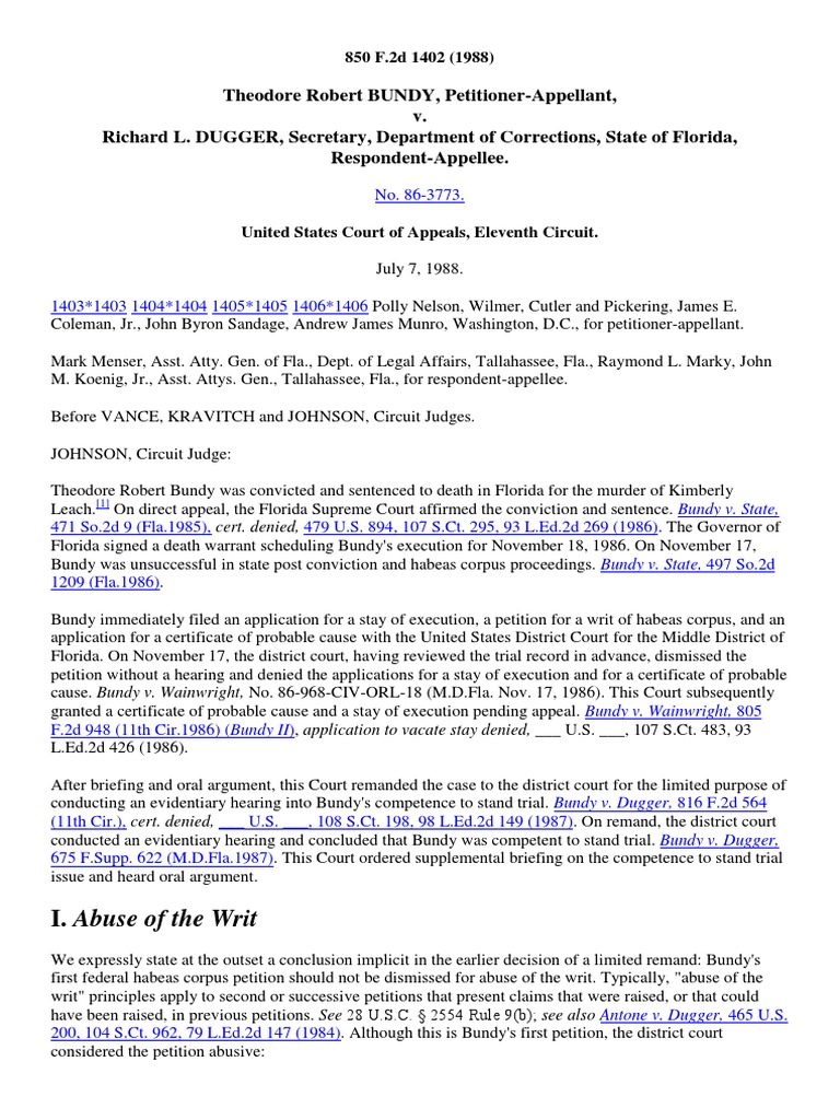 Ted Bundy BUNDY vs. DUGGER 1988 PDF Strickland V. Washington Ineffective Assistance Of