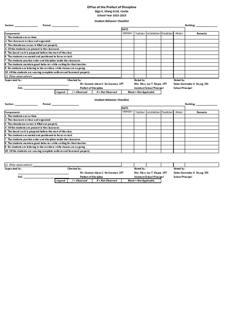 Office of the Prefect Classroom Checklist PDF Behavior Modification