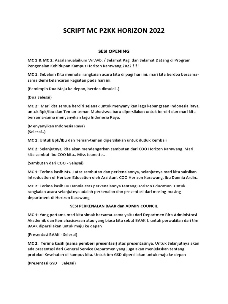Skrip MC P2KK Horizon 2022 | PDF