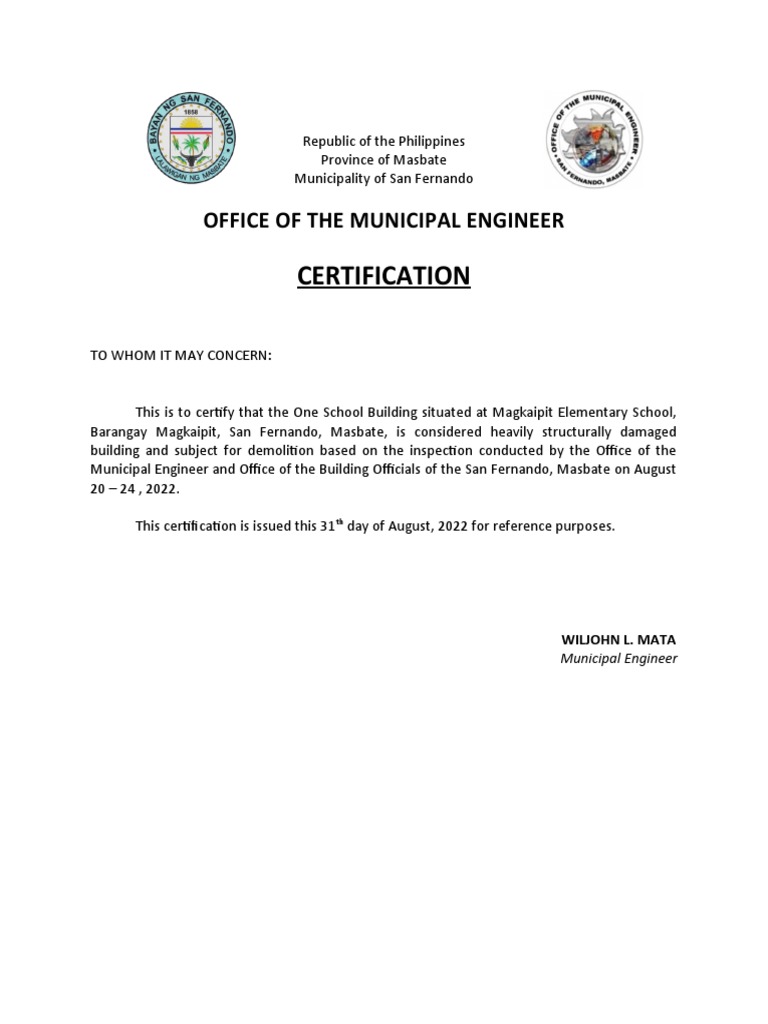 Certification for Demolition of School Building | PDF