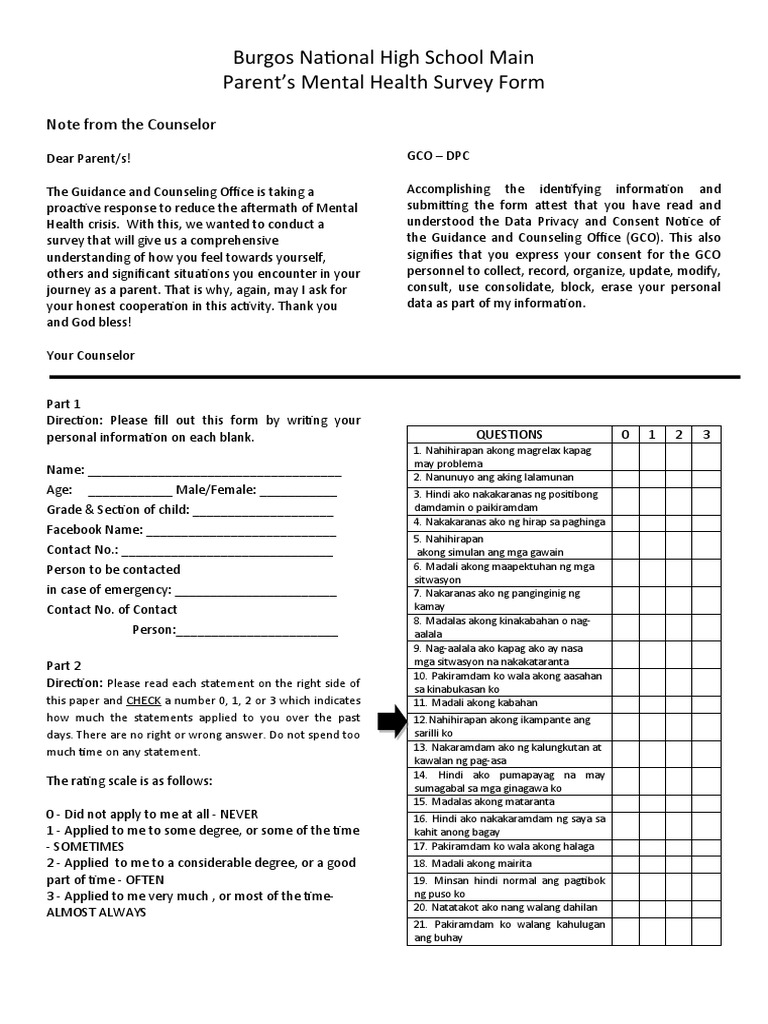 Parent Mental Health Survey Form | PDF