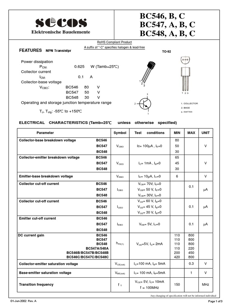 Datasheet HK bc547 4457312 PDF Bipolar Junction Transistor