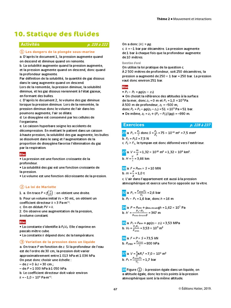 Corrigés ch7 PHYSIQUE CHIMIE 1e | PDF | Pression | Plongée en ...