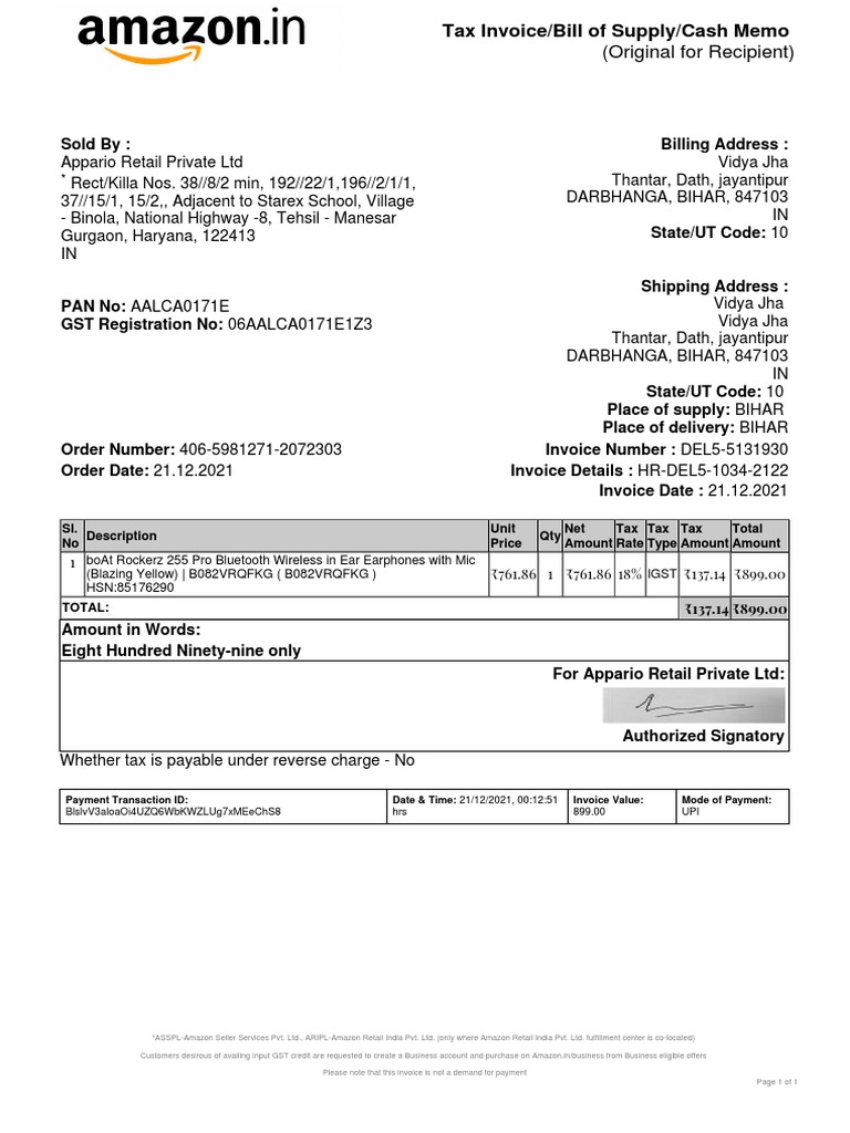 boAt Rockerz 255 Pro Invoice 2021 | PDF | Invoice | Payments