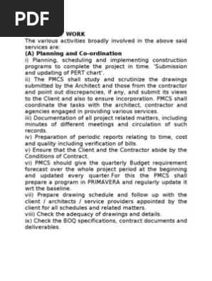 Scope of  Project Management Consultancy Services 