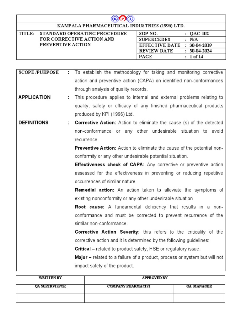 CAPA SOP | PDF | Business Process | Quality