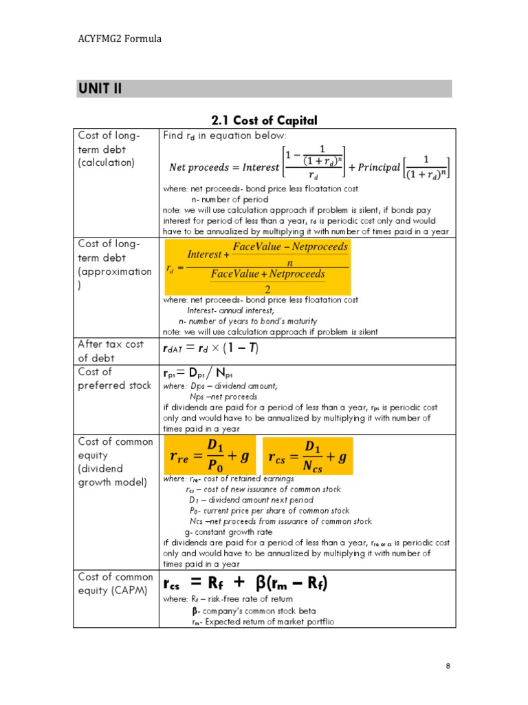 ACYFMG2 Formula Sheet (Unit II) | PDF | Net Present Value | Capital ...