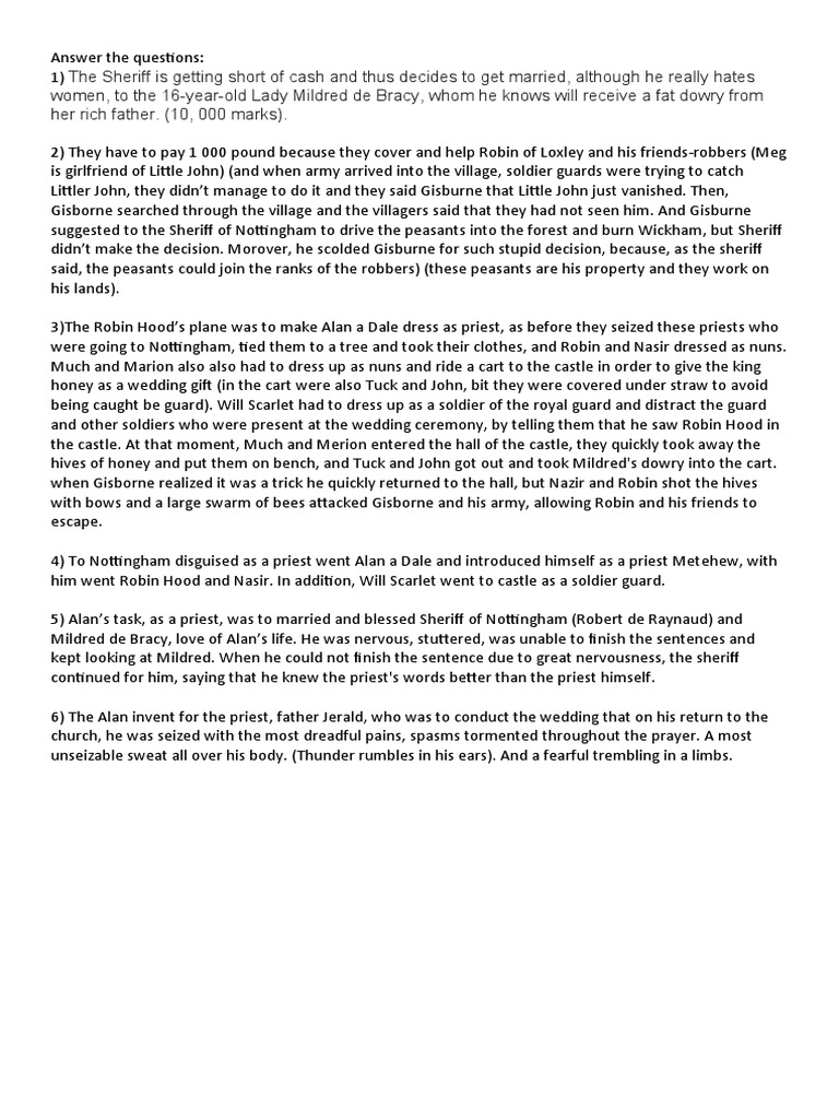 Answer The Questions PDF Robin Hood