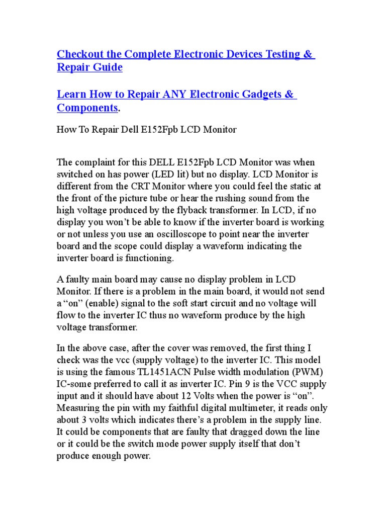 Dell E152Fpb LCD Monitor Repair Guide | PDF | Power Inverter | Computer ...