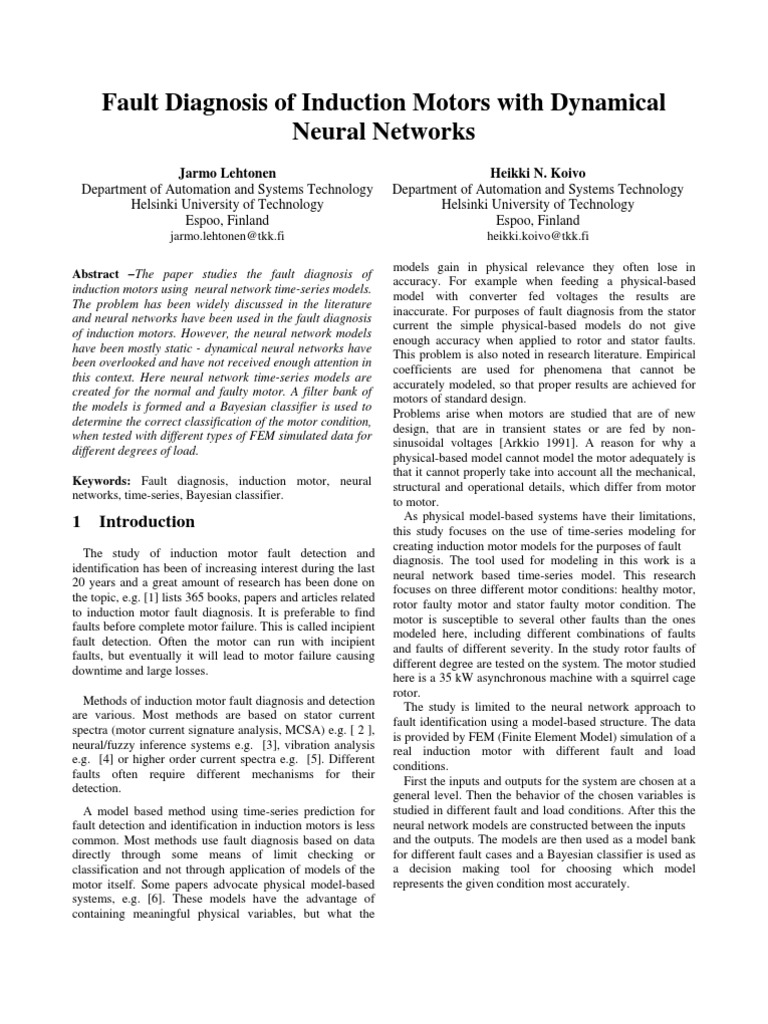 Fault Diagnosis of Induction Motors With Dynamical Neural Networks ...