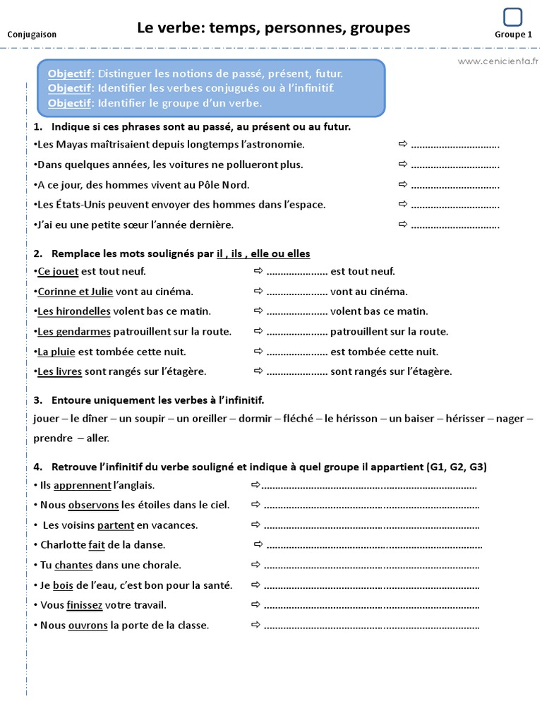 Evaluation Cm2 Verbe Infinitif Groupe Exos PDT Conjugaison G1 | PDF | Verbe | Conjugaison