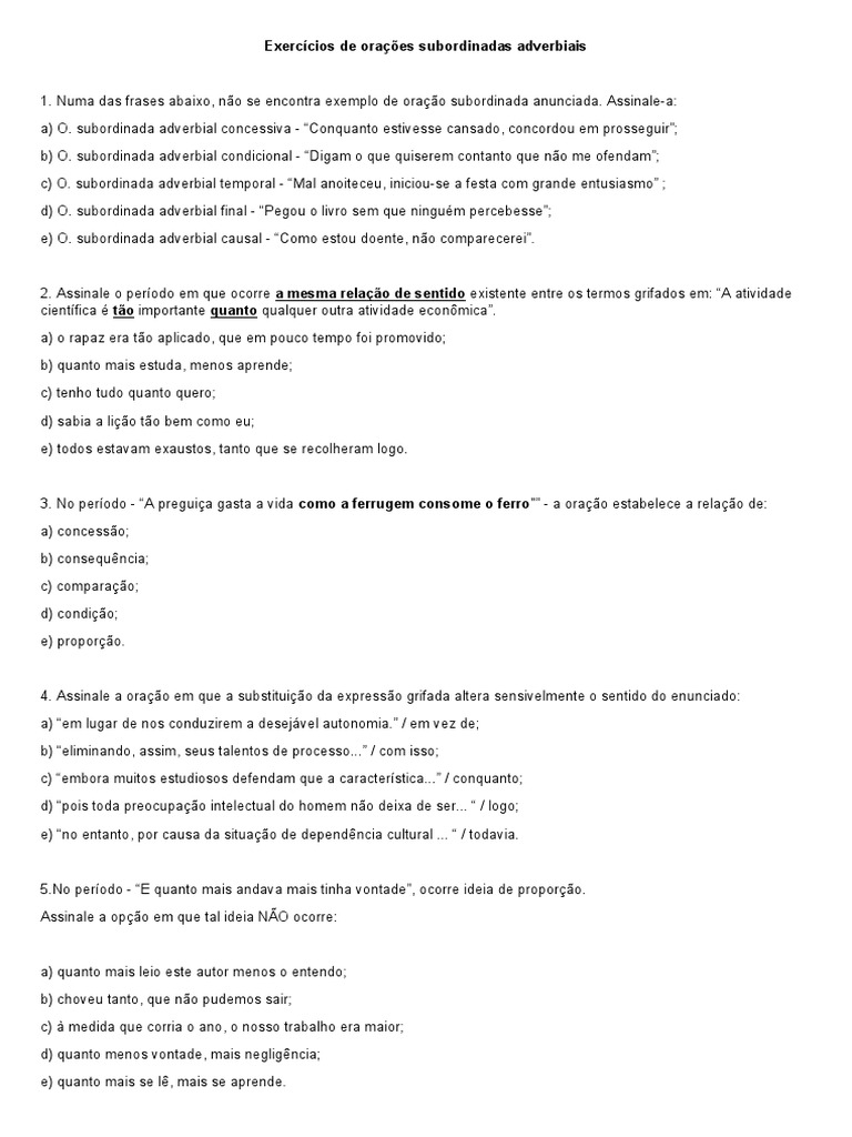 Exercícios sobre Orações Subordinadas Adverbiais | PDF | Oração