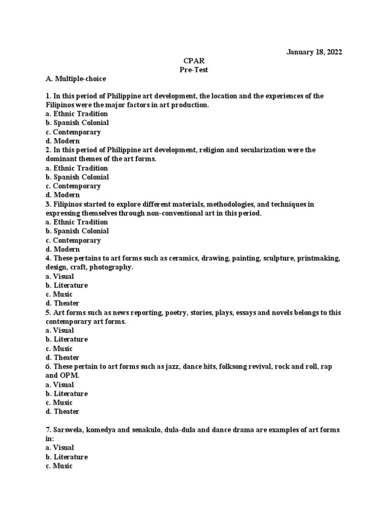 Philippine Art Development Pre-Test | PDF