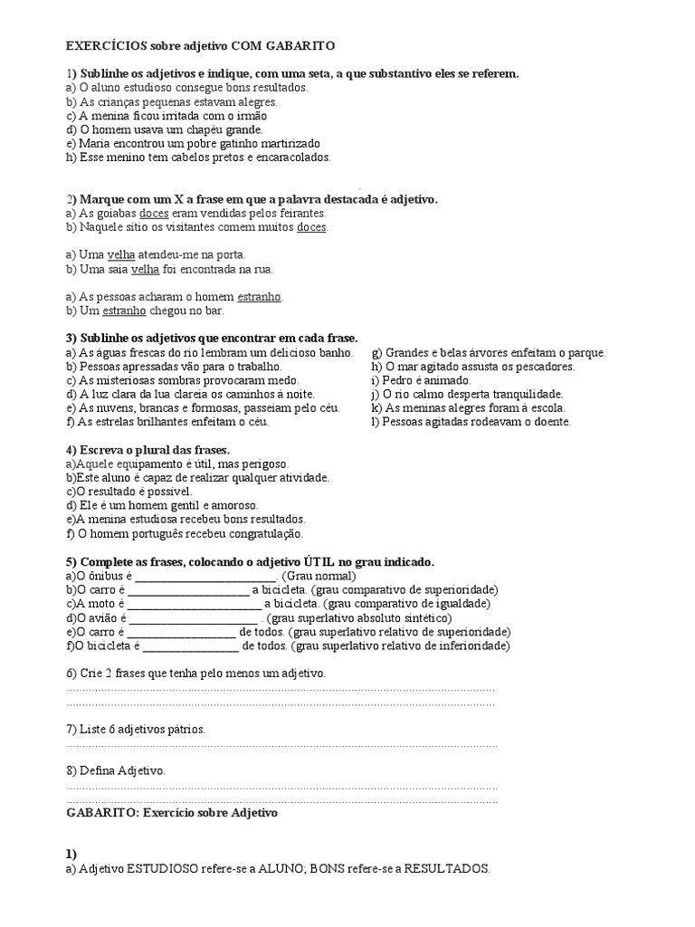 Exercícios de Adjetivos com Gabarito | PDF | Adjetivo | Sintaxe