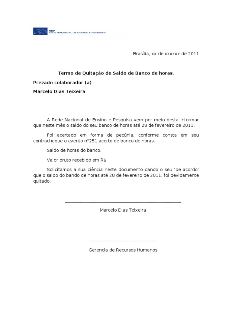 Modelo de Acerto de Banco de Horas.