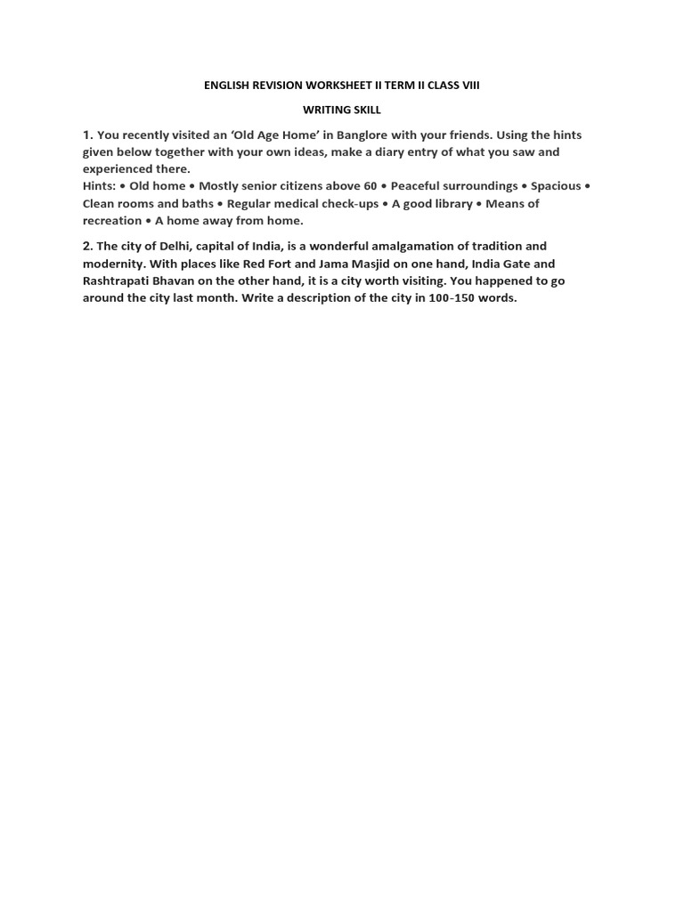 English Worksheet Class Viii | PDF