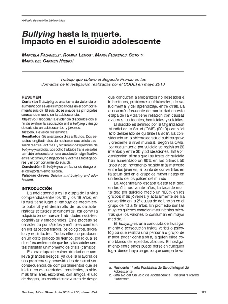 Bullying y Suicidio en Adolescentes | PDF | Suicidio | Adolescencia