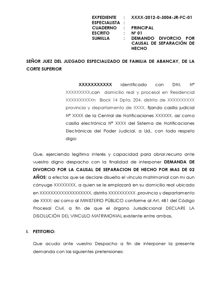 Demanda de Divorcio | PDF | Divorcio | Demanda judicial