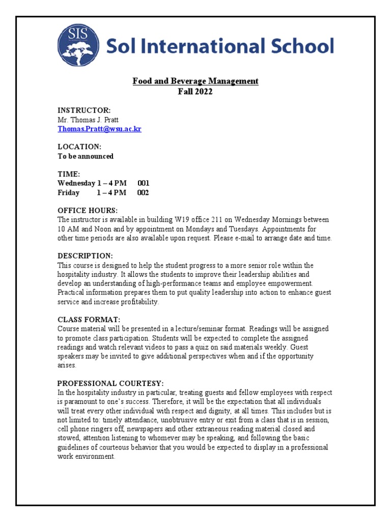 Food and Beverage Management Fall 2022 Syllabus PDF Test