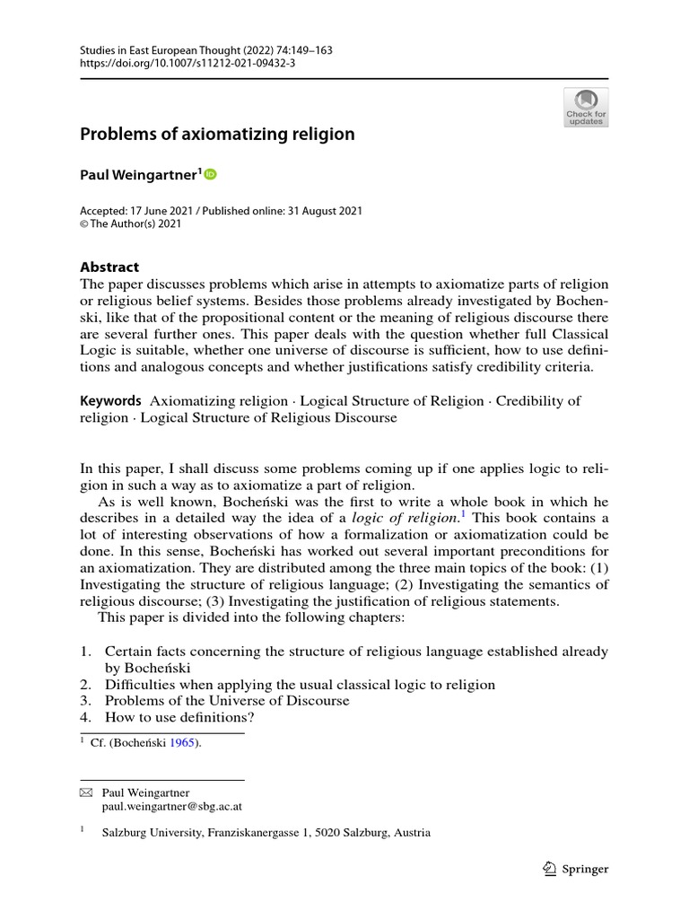 Problems of Axiomatizing Religion PDF Definition Logic