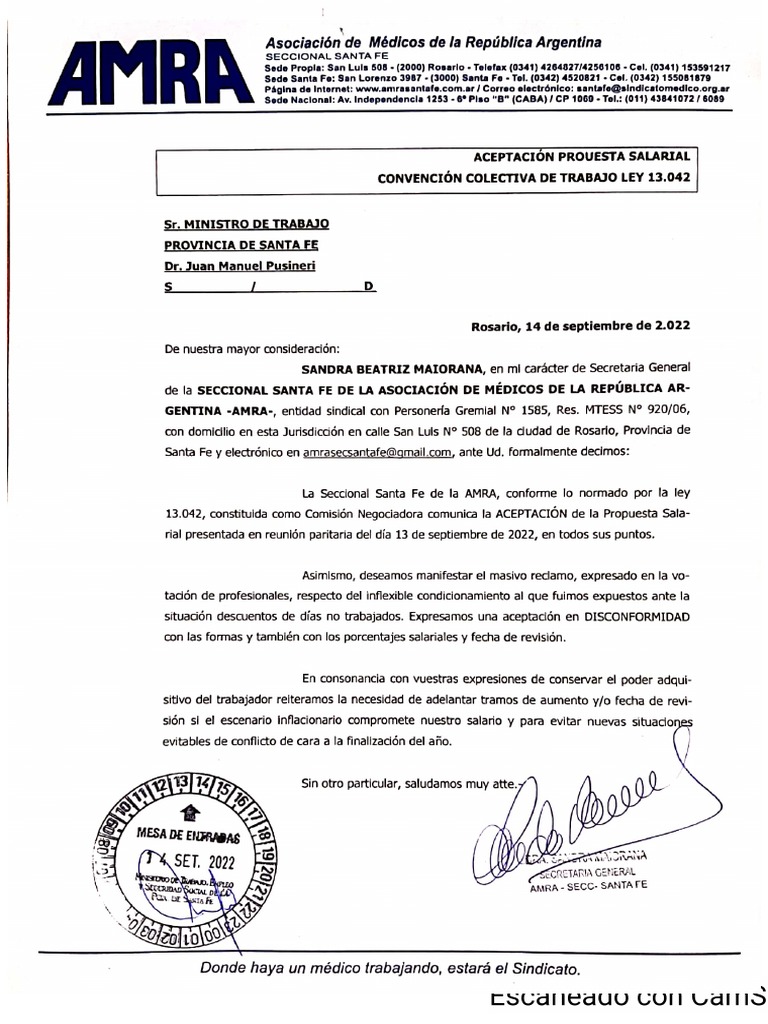 Aceptacion de La Propuesta Salarial Por Parte de Amra | PDF