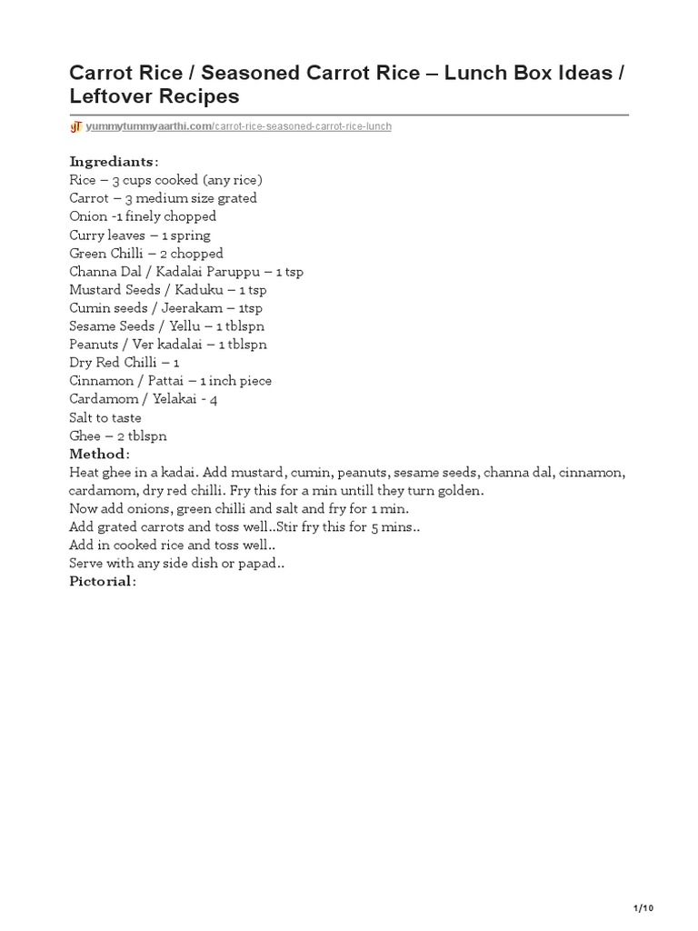 Carrot Rice Seasoned Carrot Rice Lunch Box Ideas Leftover Recipes | PDF