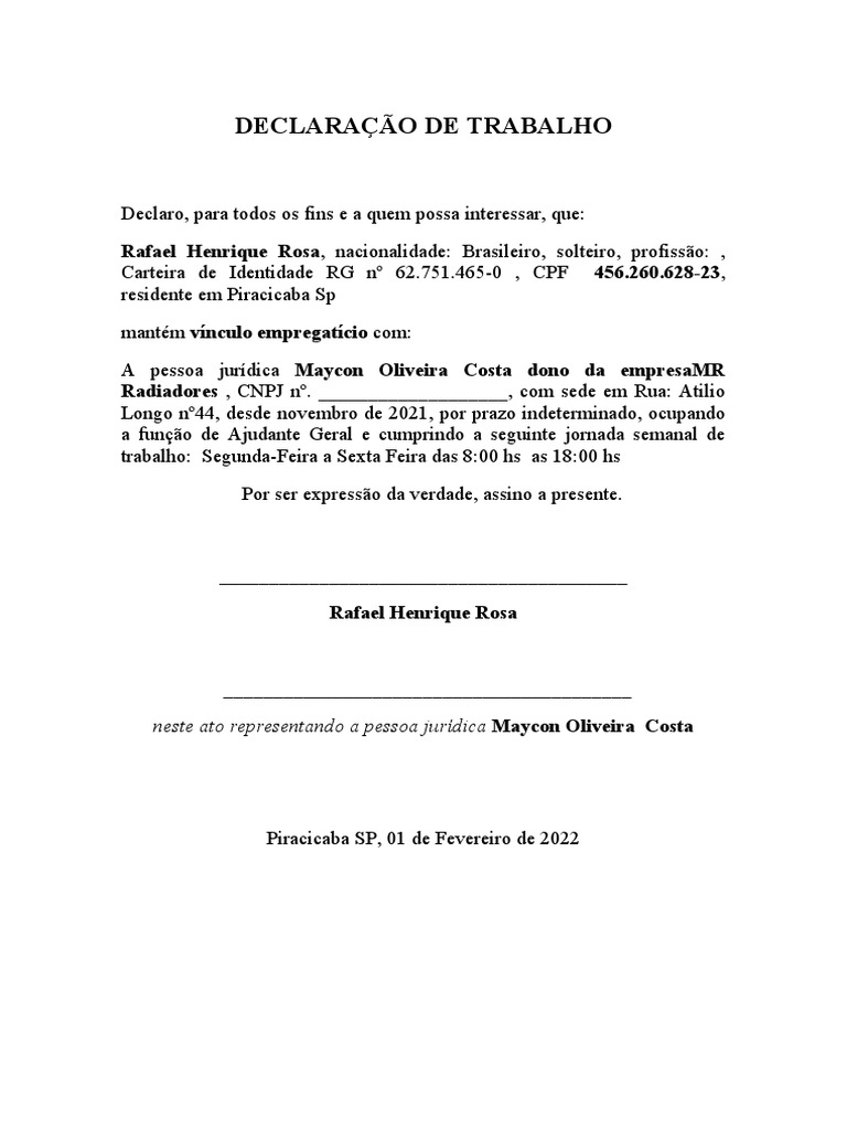 Declaração de Trabalho - MR Radiadores | PDF