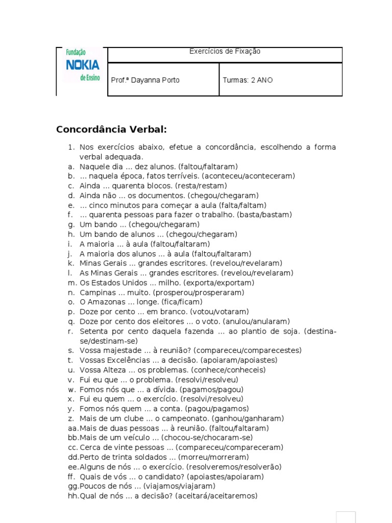 Exercícios De Concordância Verbal 8o Ano Com Gabarito