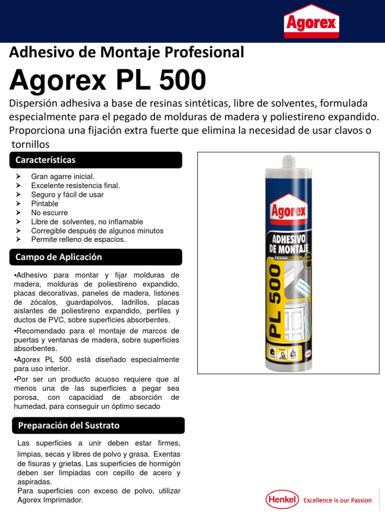 Adhesivo de montaje 3,8 kg PL 500 blanco Agorex