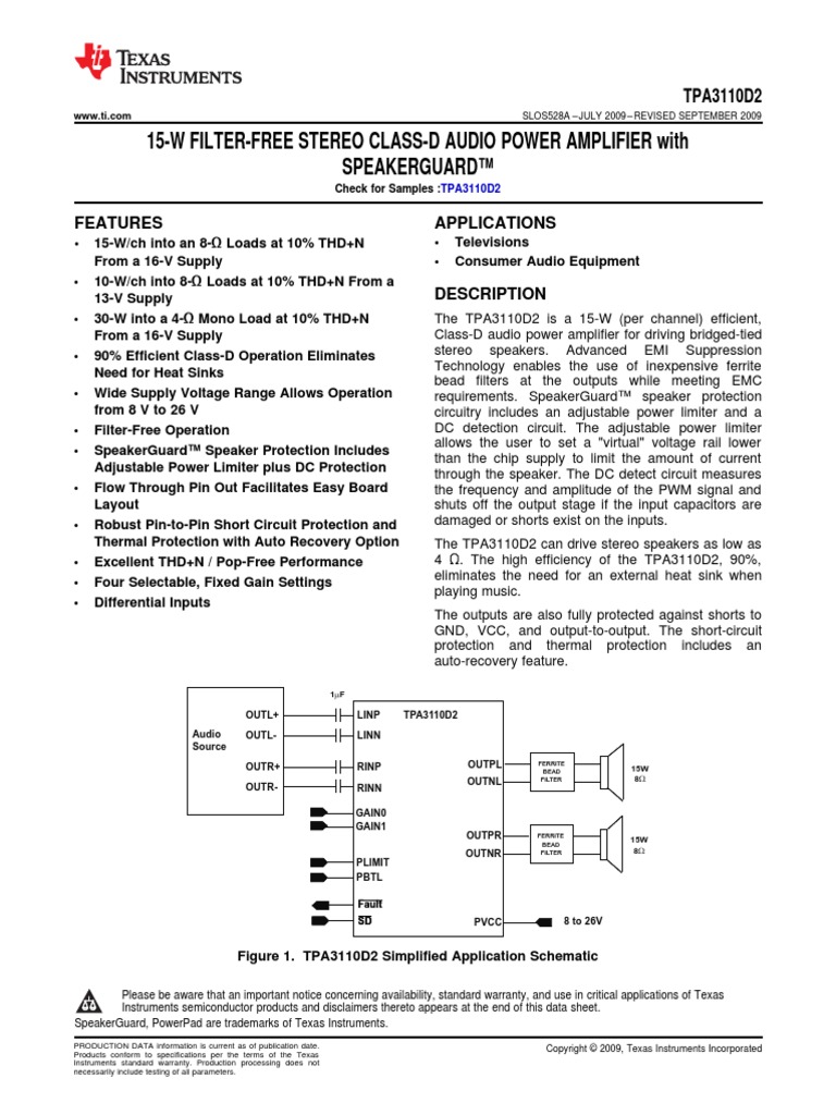 Datasheet Tpa3110d2 | PDF | Amplifier | Loudspeaker