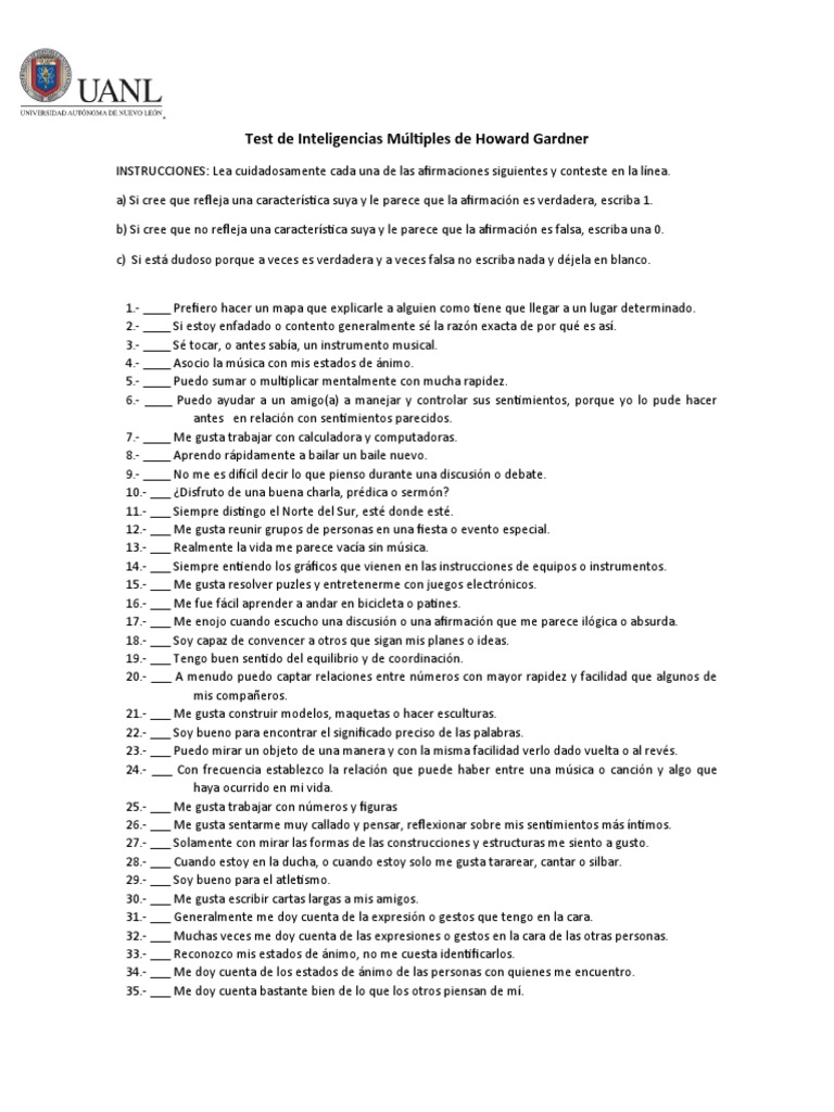 Test de Inteligencias Múltiples de Gardner | PDF | Inteligencia | Cognición