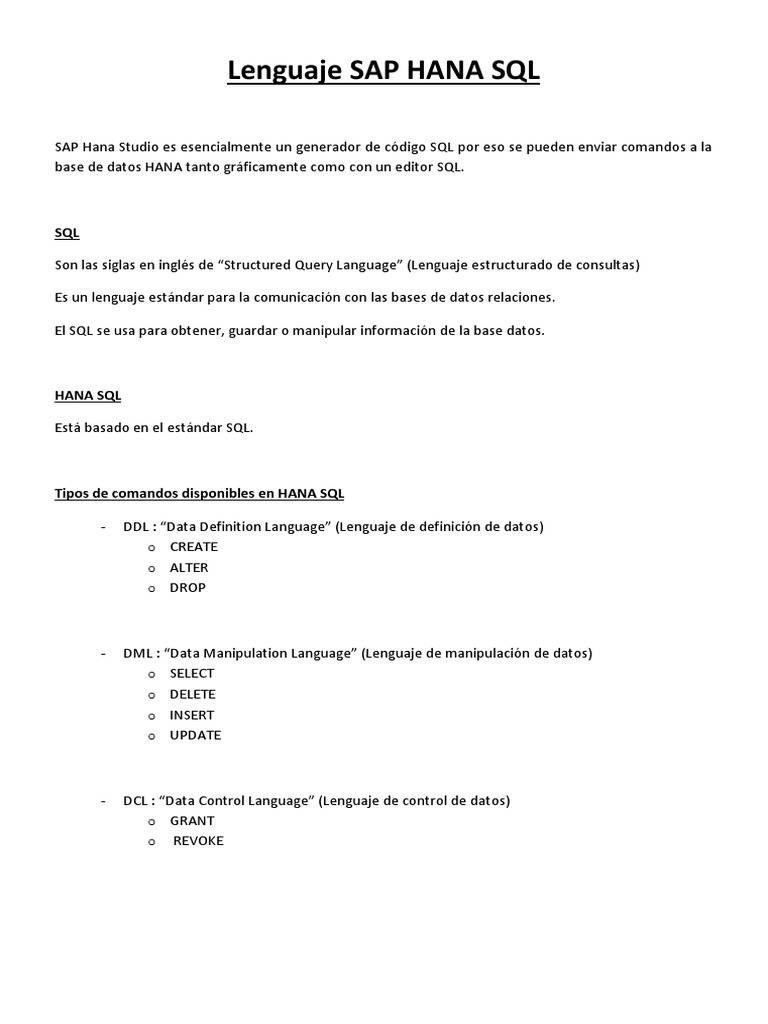 Lenguaje sap hana sql pdf sql ingenier a de software