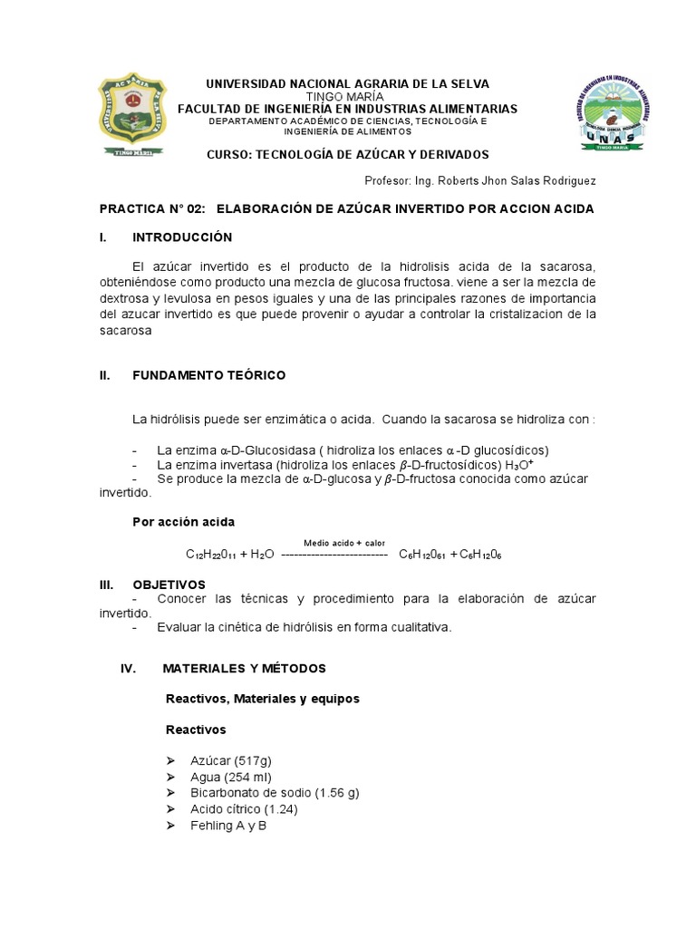Elaboración de Azúcar Invertido Acido | PDF | Sacarosa | Glucosa