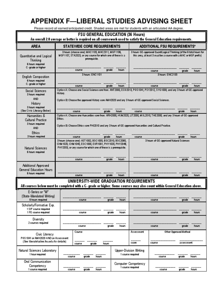 Liberal Studies Sheet Fsu PDF Liberal Arts Education