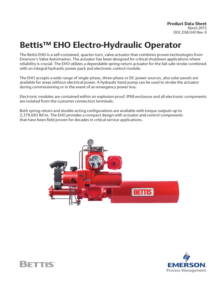 Bettis™ EHO ElectroHydraulic Operator Product Data Sheet PDF Actuator Alternating Current