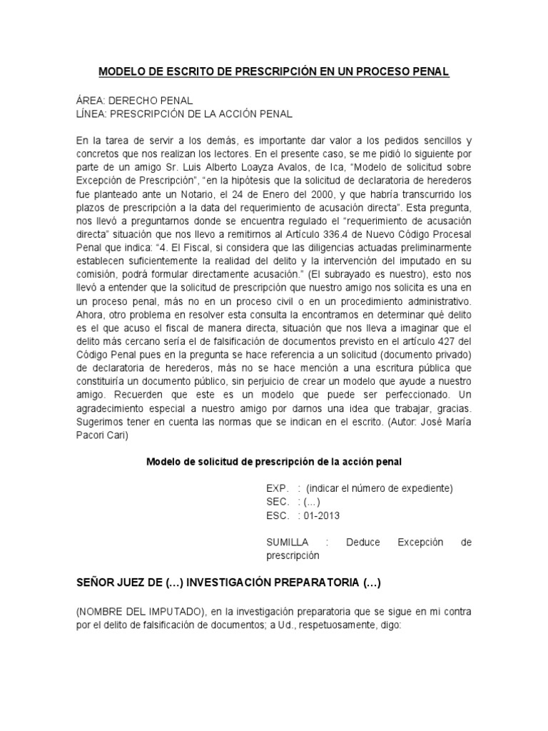 Modelo de Prescripción Acción Penal | PDF | Estatuto de limitaciones ...
