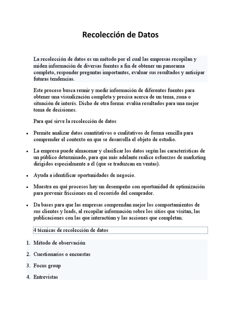 Recolección de Datos | PDF | Cuestionario | Grupo de enfoque