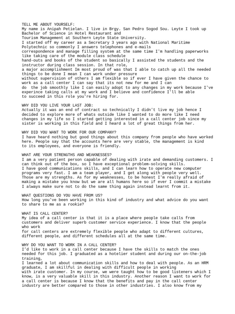 Call Center Question and Answers PDF Cognition Cognitive Science