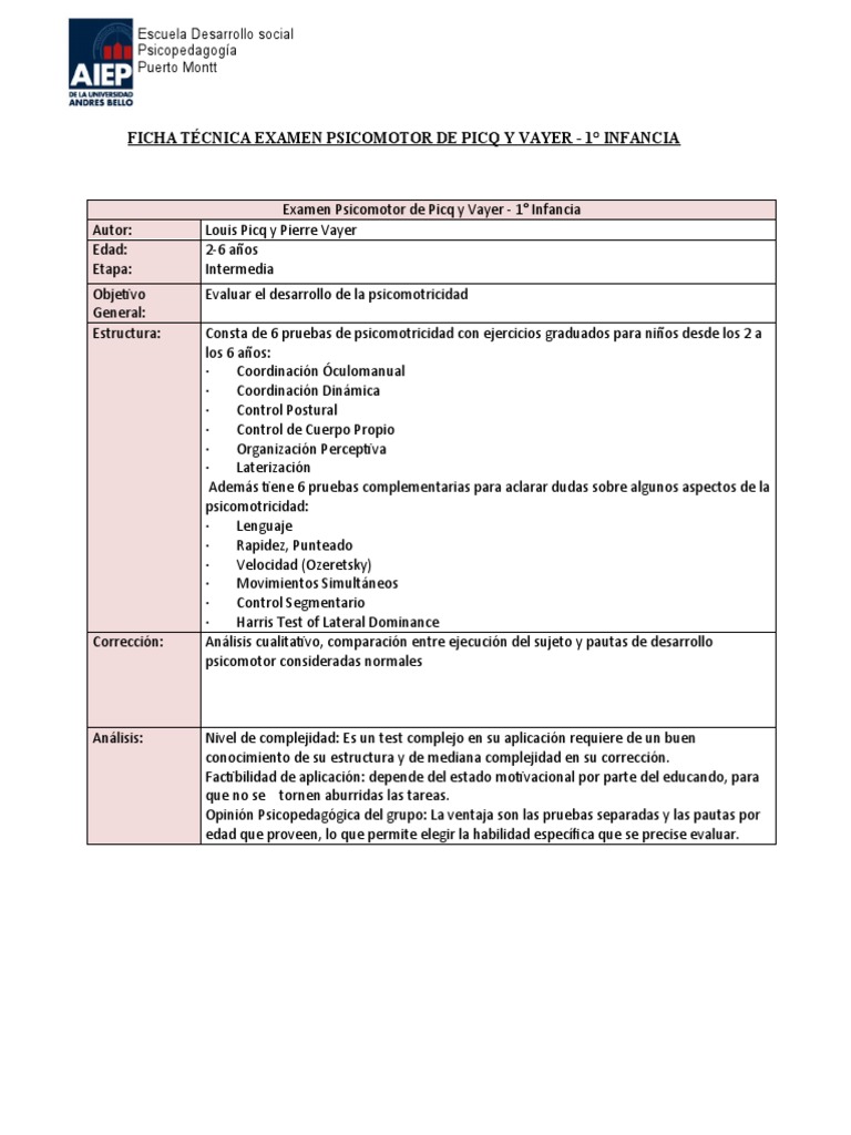 Examen Psicomotor Picq y Vayer 1° Infancia | PDF